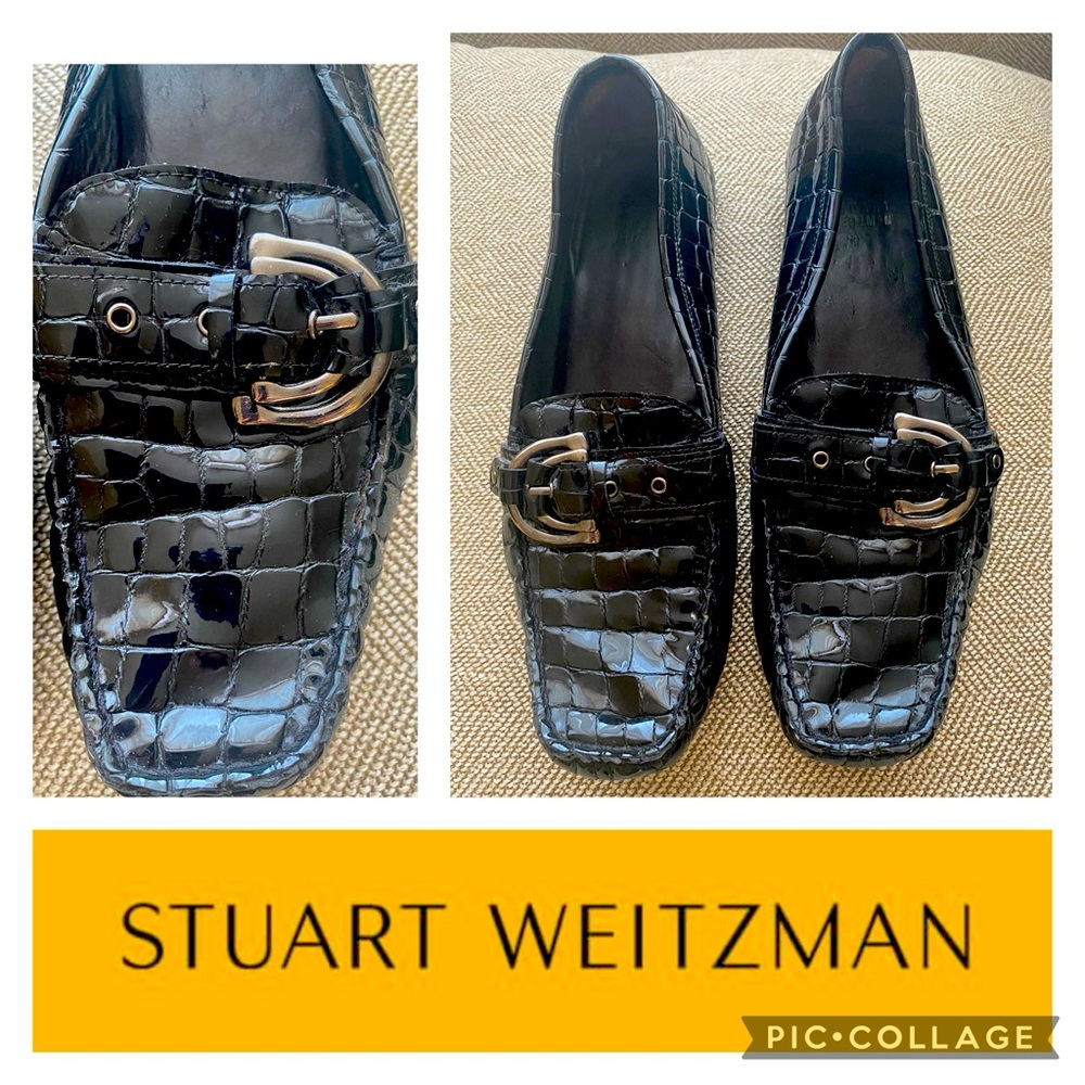 Stuart Weitzman Patent Leather Driving Loafer. Croc Embossed w/Buckle. Sz 9M